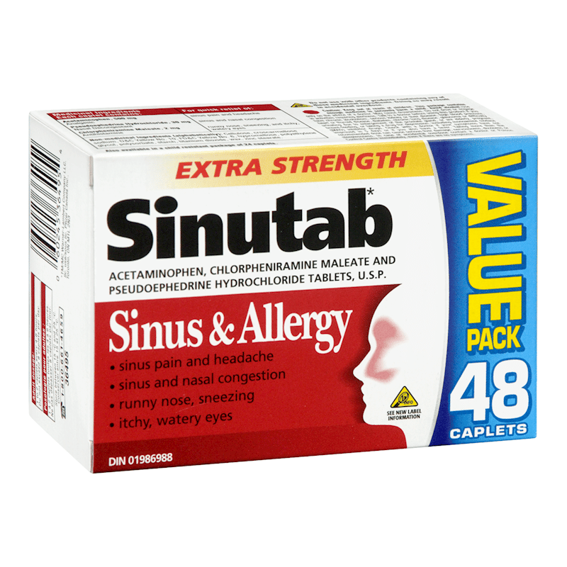 Sinutab Sinus &  Allergy Extra Strength Acetaminophen and Pseudophedrine ...